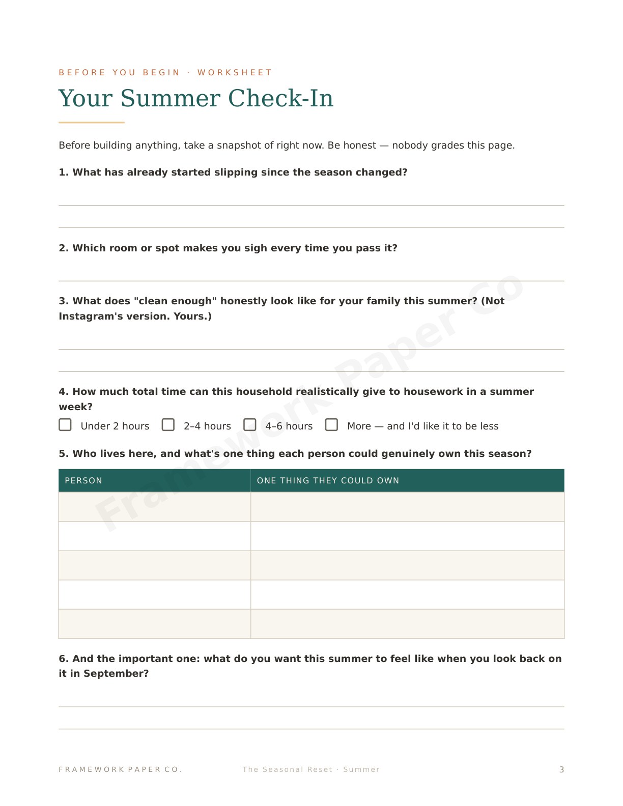 Summer — Check-In Worksheet